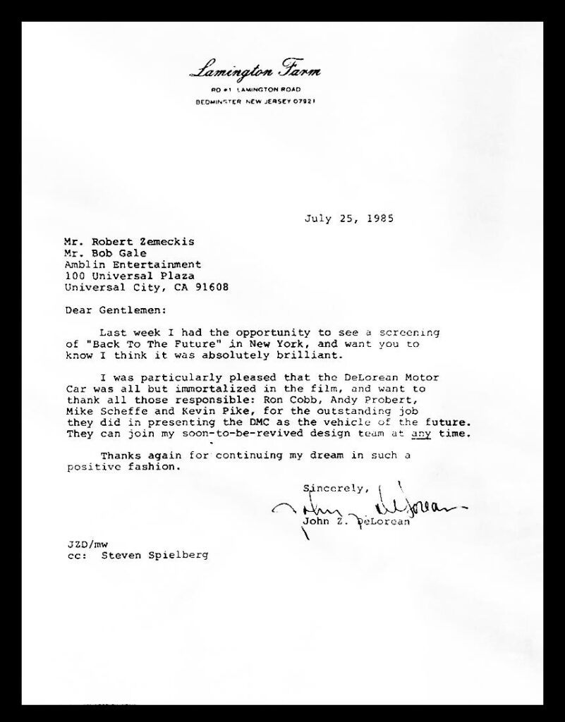 Letter from John DeLorean to the Bobs | DeLoreanDirectory.com