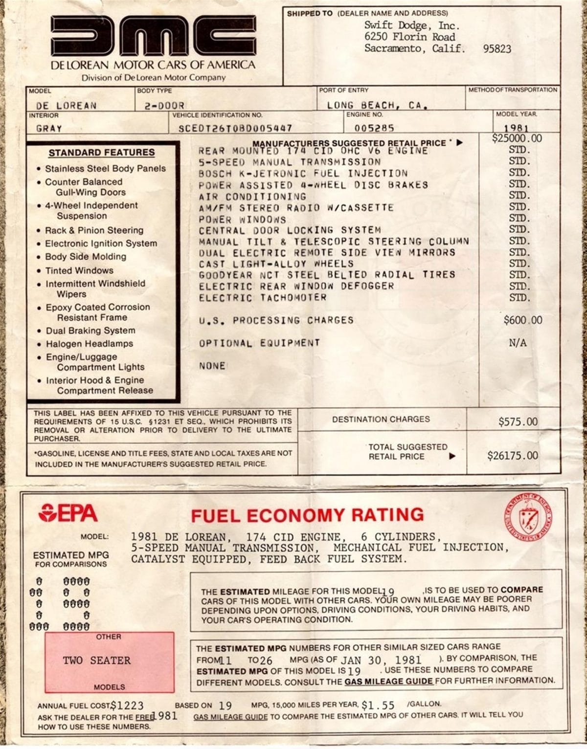 DMC DeLorean Specifications - 1981, 1982, 1983 | DeLorean Directory